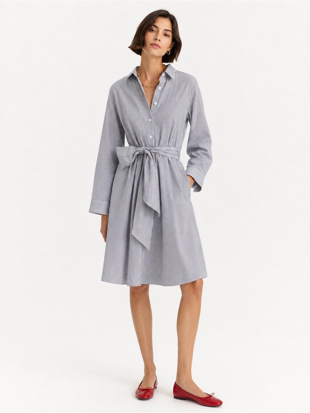 J. Crew Navy and White Shirt Dress with Waist Tie
